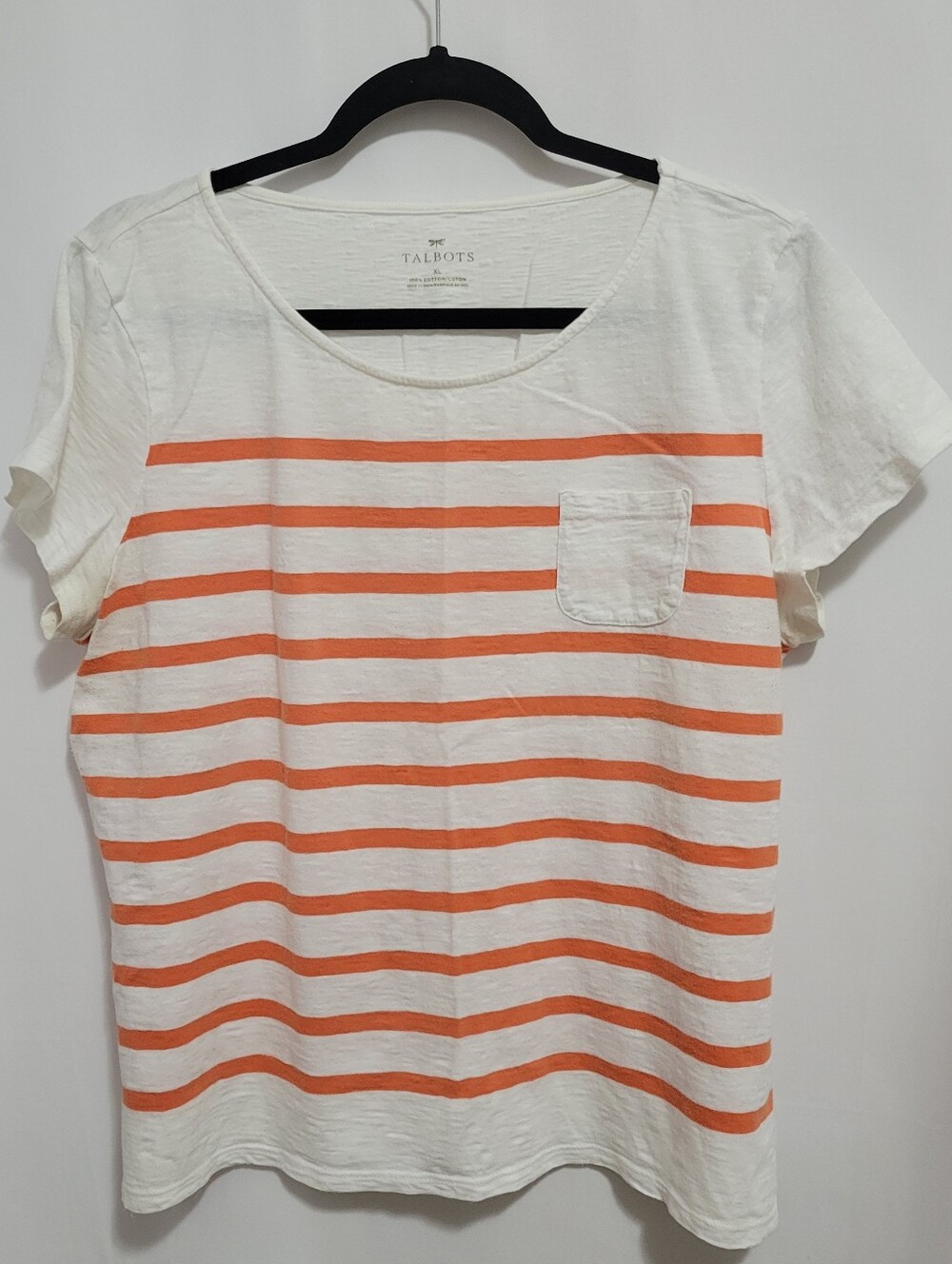 Talbots White and Orange Striped Short-Sleeve Pocket Tee, Size XL